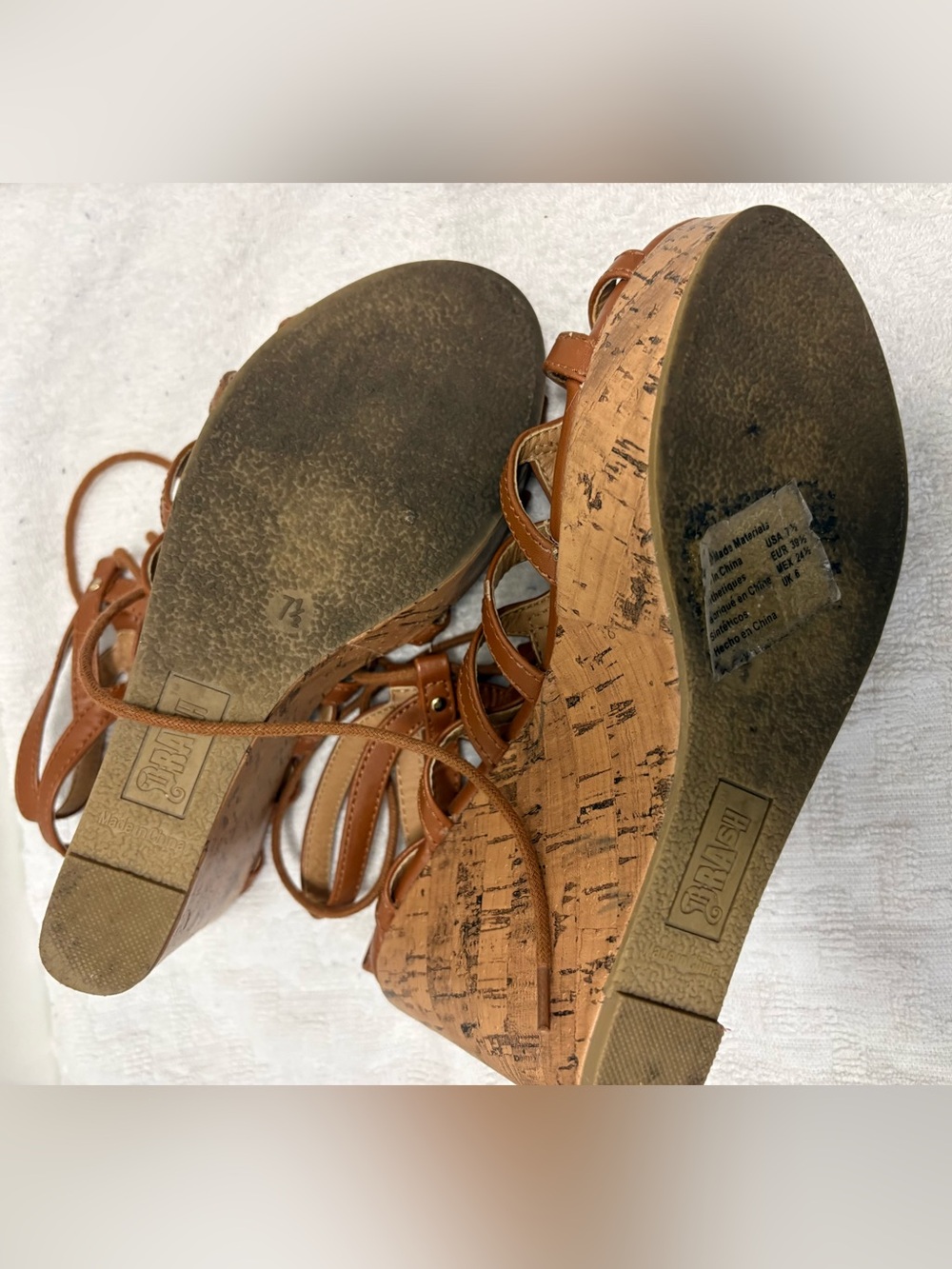 Brash Cognac Strappy Lace-Up Gladiator Cork Wedge Sandals - Picture 4 of 5